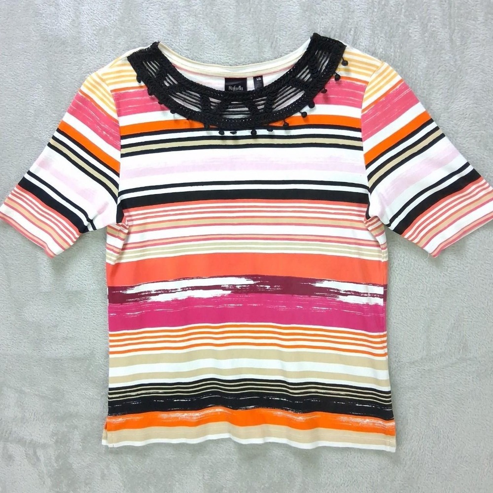 Rafaella Womens Short Sleeve Striped Knit Top Black Pink Orange Crochet Neck L
